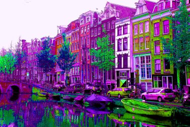 AMSTERDAM NETHERLANDS OCTOBER 03 2015: Typical canal Houses sign pop art illustration background icon with color spots