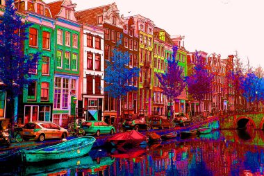 AMSTERDAM NETHERLANDS OCTOBER 03 2015: Typical canal Houses sign pop art illustration background icon with color spots