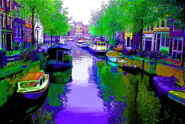 AMSTERDAM NETHERLANDS OCTOBER 03 2015: Typical canal Houses sign pop art illustration background icon with color spots