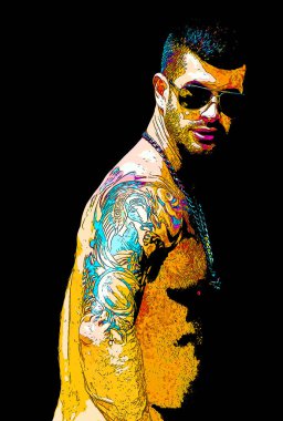 MONTREAL QUEBEC CANADA 08 16 2012: Young gay man. Pop art retro sign illustration background icon with color spots
