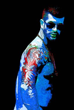 MONTREAL QUEBEC CANADA 08 16 2012: Young gay man. Pop art retro sign illustration background icon with color spots