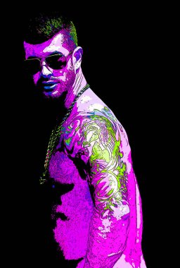 MONTREAL QUEBEC CANADA 08 16 2012: Young gay man. Pop art retro sign illustration background icon with color spots