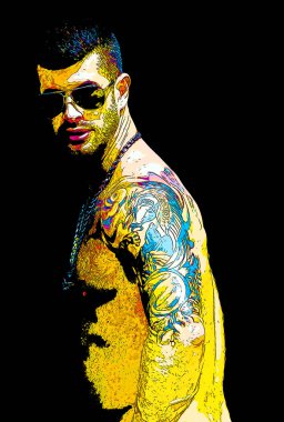 MONTREAL QUEBEC CANADA 08 16 2012: Young gay man. Pop art retro sign illustration background icon with color spots