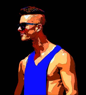 MONTREAL QUEBEC CANADA 08 16 2012: Young gay man. Pop art retro sign illustration background icon with color spots