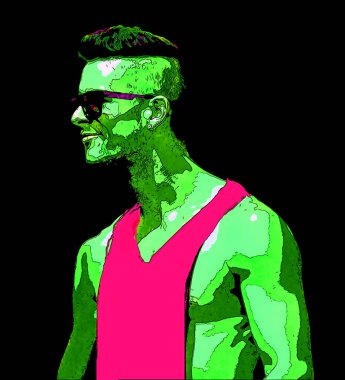 MONTREAL QUEBEC CANADA 08 16 2012: Young gay man. Pop art retro sign illustration background icon with color spots