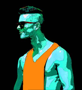 MONTREAL QUEBEC CANADA 08 16 2012: Young gay man. Pop art retro sign illustration background icon with color spots