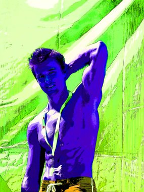 MONTREAL İbne Kanada 08: 16 2012: genç eşcinsel adam. Pop Art retro tabela resimleme arkaplan simgesi renk benekleri