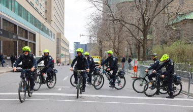 MONTREAL OC CANADA 05 03 2022: Bicycle squad of Service de police de la Ville de Montreal (SPVM) (French for Montreal Police Service) is the police force for the city of Montreal