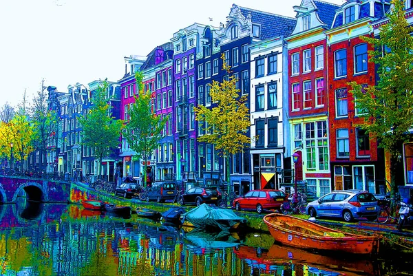 Amsterdam Netherlands October 2015 Typical Canal Houses Sign Pop Art — ストック写真