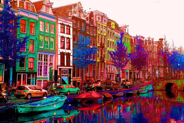 Amsterdam Netherlands October 2015 Typical Canal Houses Sign Pop Art — стоковое фото