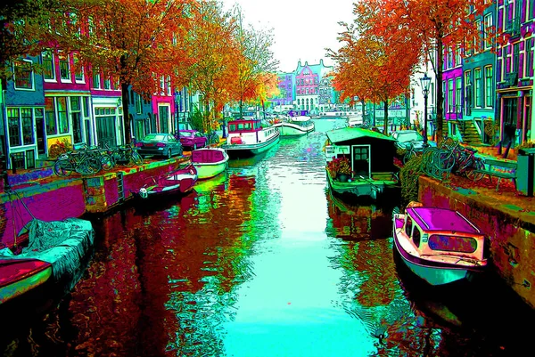 Amsterdam Netherlands Ekim 2015 Tipik Kanal Evleri Renk Lekeli Pop — Stok fotoğraf