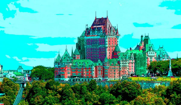 QUEBEC CITY QUEBEC CANADA 08 23 2012: Chateau Frontenac hotel in Quebec City, Canada sign illustration pop-art background icon with color spots