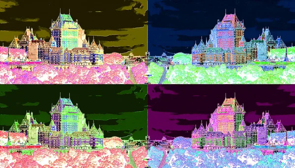 QUEBEC CITY QUEBEC CANADA 08 23 2012: Chateau Frontenac hotel in Quebec City, Canada sign illustration pop-art background icon with color spots