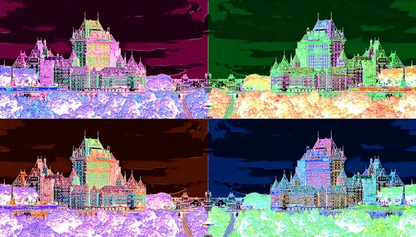 QUEBEC CITY QUEBEC CANADA 08 23 2012: Chateau Frontenac hotel in Quebec City, Canada sign illustration pop-art background icon with color spots