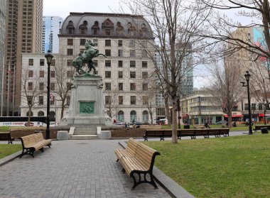 MONTREAL QUEBEC CANADA 02 16 2021: Equestrian statue was sculpted by George W. Hill as part of the Montreal Boer War Memorial is located at Dorchester Square in downtown Montreal