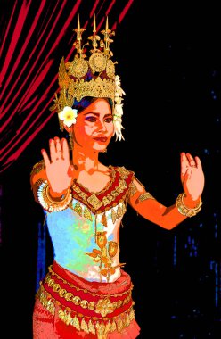 SIEM REAP CAMBODIA 03 26 2013: Apsara dansçısı. Robam Tep Apsara, Kamboçya Kraliyet Balesi 'nin pop sanat tabelaları illüstrasyonu tarafından yaratılan bir Khmer klasik dansıdır.