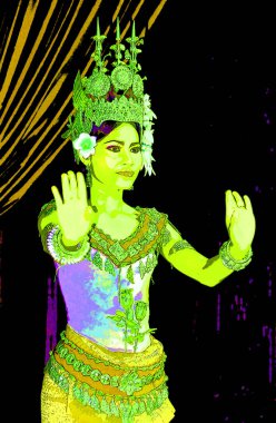 SIEM REAP CAMBODIA 03 26 2013: Apsara dansçısı. Robam Tep Apsara, Kamboçya Kraliyet Balesi 'nin pop sanat tabelaları illüstrasyonu tarafından yaratılan bir Khmer klasik dansıdır.