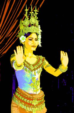 SIEM REAP CAMBODIA 03 26 2013: Apsara dansçısı. Robam Tep Apsara, Kamboçya Kraliyet Balesi 'nin pop sanat tabelaları illüstrasyonu tarafından yaratılan bir Khmer klasik dansıdır.