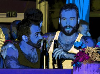 MONTRAL QUEBEC 15 AĞUSTOS 2013: Erkekler gay onur yürüyüşünden sonra bir barda bira içerler, renkli lekeli resimli arka plan simgesi imzalarlar