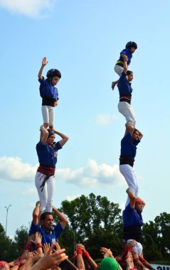 MONTREAL QUEBEC CANADA 08 19 2015: A castell is a human tower built traditionally at festivals in Catalonia, the Balearic islands and the Valencian Community
