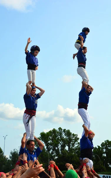 MONTREAL QUEBEC CANADA 08 19 2015: A castell is a human tower built traditionally at festivals in Catalonia, the Balearic islands and the Valencian Community
