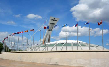 MONTREAL QUEBEC CANADA 08 03 2022: The Montreal Olympic Stadium and tower. It's the tallest inclined tower in the world.Tour Olympique stands 175 meters tall and at a 45-degree angle