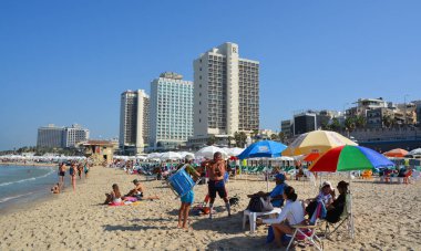 TEL AVIV ISRAEL 04 11 2016: Beach of Tel Aviv-Yafo is a major city in Israel. It is known to be the financial center and the technology hub of Israel is the largest city in the Gush Dan region