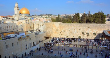 JERUSALEM ISRAEL 26 10 16: Jewish hasidic men pray a the Western Wall, Wailing Wall the Place of Weeping is an ancient limestone wall in the Old City of Jerusalem. Second Jewish Temple by Herod the Great