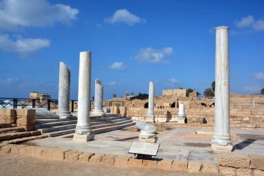 Ruins in Caesarea Maritima National Park a city and harbor built by Herod the Great about 25-13 BC. The archaeological ruins on Mediterranean coast of Israel and it was the administrative capital