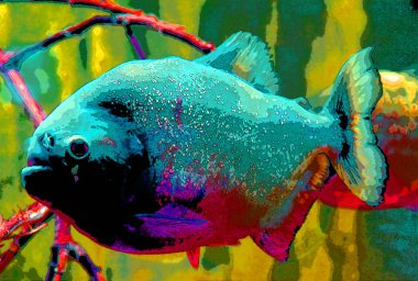 Piranha fish color aquatic animal background sign illustration pop-art background icon with color spots