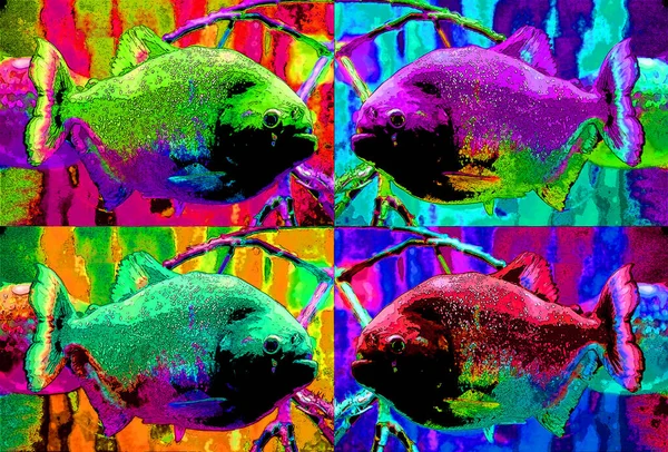 Piranha Fish Color Aquatic Animal Background Sign Illustration Pop Art — ストック写真