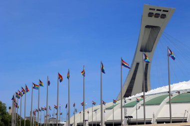 MONTREAL QUEBEC CANADA 08 03 2022: The Montreal Olympic Stadium and tower. It's the tallest inclined tower in the world.Tour Olympique stands 175 meters tall and at a 45-degree angle