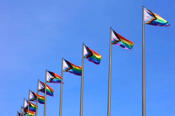 进步自豪旗 Row Progress Pride Flag 彩虹骄傲旗的变体 包含额外的颜色 以明确代表跨性别和Lgbtq社区的颜色 — 图库照片