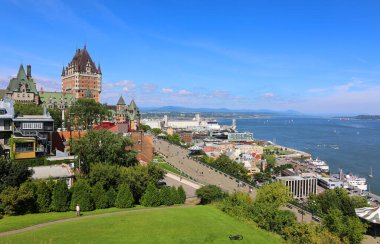QUEBEC CITY CANADA 08 28 2022: Chateau Frontenac is a grand hotel. It was designated a National Historic Site of Canada in 1980, generally recognized as the most photographed hotel in the world clipart