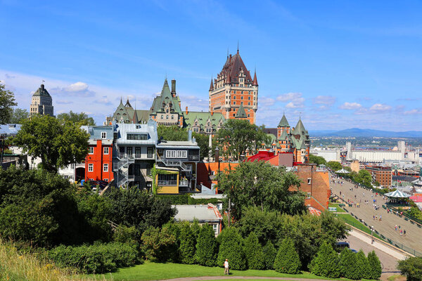 QUEBEC CITY CANADA 08 28 2022: Chateau Frontenac is a grand hotel. It was designated a National Historic Site of Canada in 1980, generally recognized as the most photographed hotel in the world