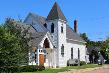 SACKVILLE, NEW BRUNSICK, CANADA 08 25 2022: St. Andrew Presbyterian Kilisesi. Büyük İskoç-İrlandalı öncü misyoner tarafından Sackville bölgesine Hristiyan inancının Presbiteryen biçimi dikildi.