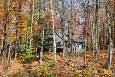EASTERN TOWNGeIP QUEBEC CANADA 10. 13 2022: Kanada 'nın Quebec eyaletinin sonbahar doğusundaki tipik Kanada evi