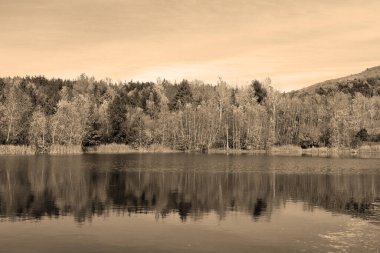 Güz manzarası yansıması Bromont Doğu Kasabası Quebec Bölgesi Kanada