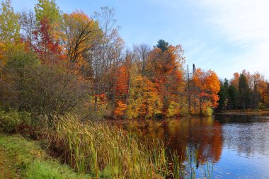 Güz manzarası yansıması Bromont Doğu Kasabası Quebec Bölgesi Kanada