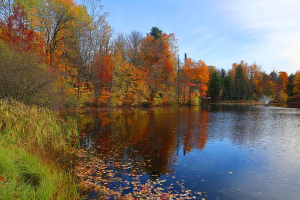 Reflejo Del Paisaje Otoñal Bromont Eastern Township Quebec Provincia Canadá — Foto de Stock