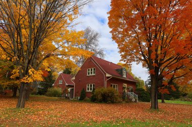 SAINT-ANNE-DE-BELLEVUE MONTREAL QUEBEC CANADA 10. 19 2022: Kanada 'nın sonbaharda doğudaki Quebec ilindeki tipik Kanada evi