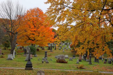 MONTREAL CANADA 10 19 2022: Güneşli bir sonbahar gününde Notre-Dame-des-Neiges Mezarlığı 'ndaki anıt. Kanada 'daki en büyük mezarlık ve Kuzey Amerika' daki en büyük üçüncü mezarlık.