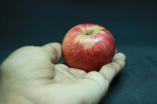 Male Hand Holding Offering Fresh Red Apple Black Isolated Studio — Stock Photo, Image