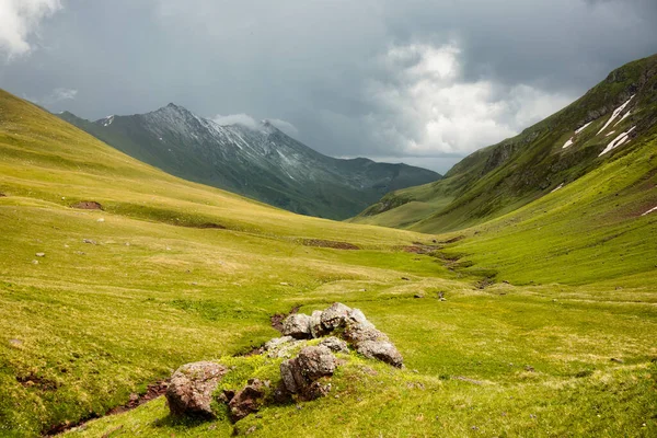 Hegyi patak folyik át a köveken egy zöld völgyben a hegyek között — Stock Fotó
