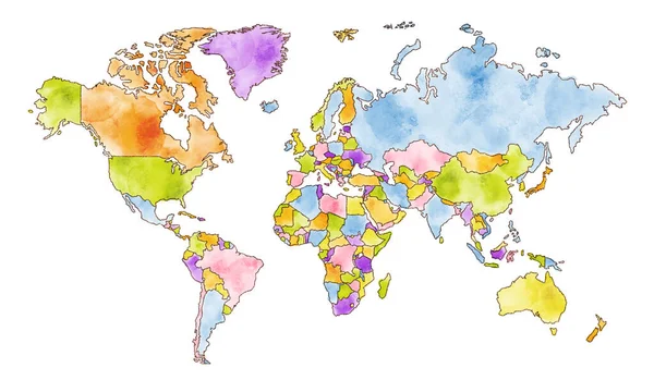 Mapa Del Mundo Dibujado Acuarela Crayón — Foto de Stock