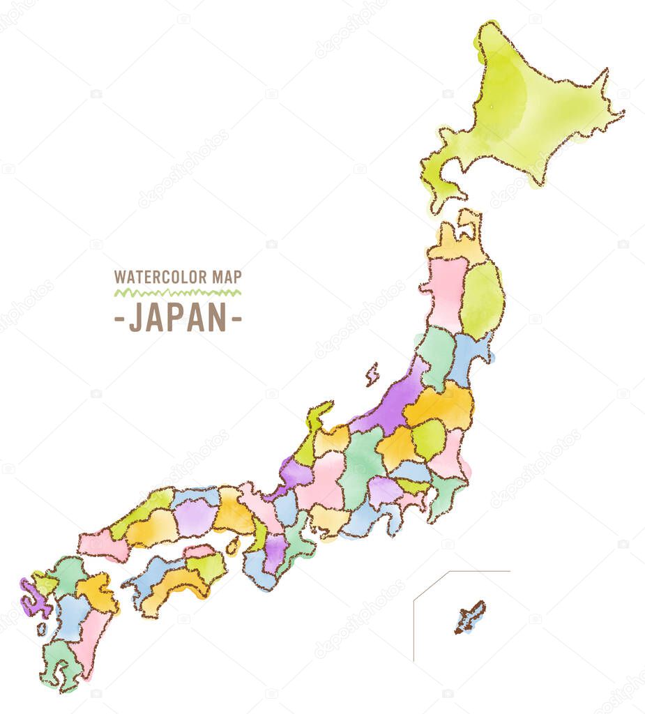 Map of Japan, hand-drawn in watercolor and crayon