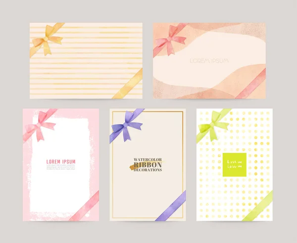 Colorato Set Carte Acquerello Con Decorazione Nastro Saluti Inviti Matrimoni — Vettoriale Stock