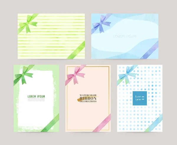 Kleurrijke Aquarel Kaart Set Met Lint Decoratie Groeten Uitnodiging Bruiloft — Stockvector