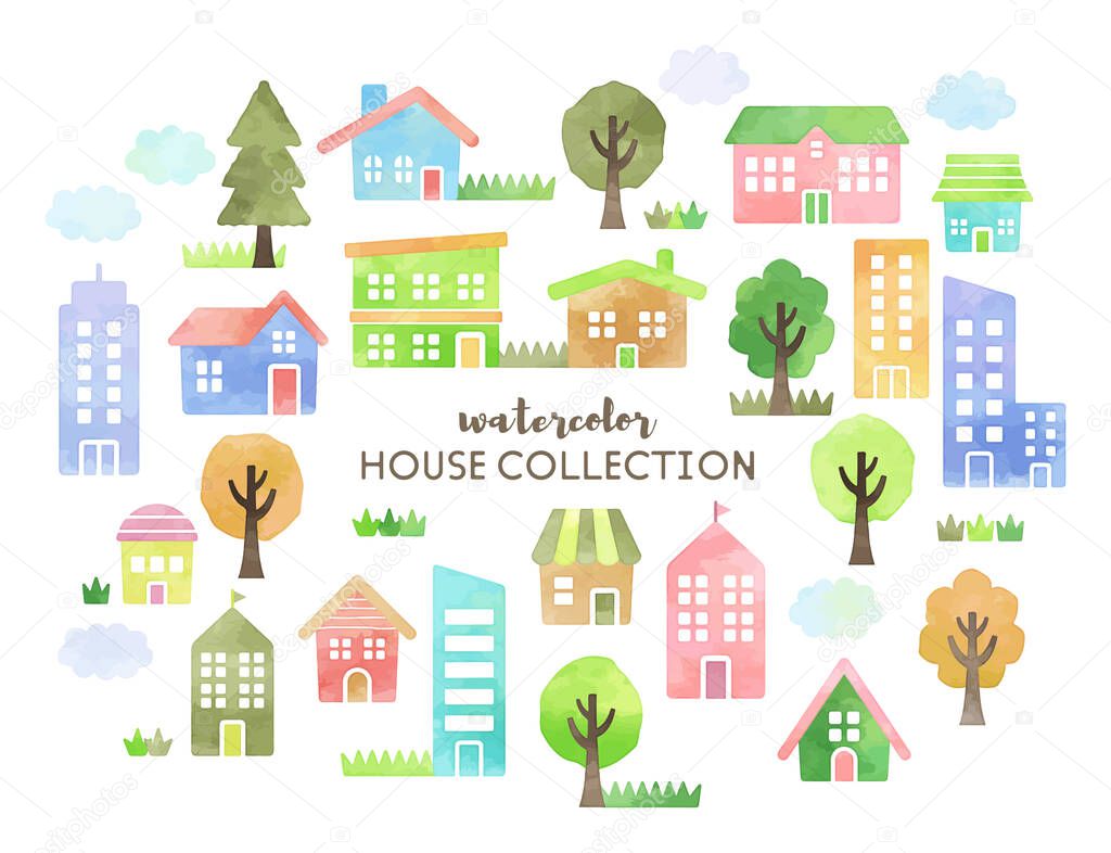 watercolor vector hand drawn houses illustration
