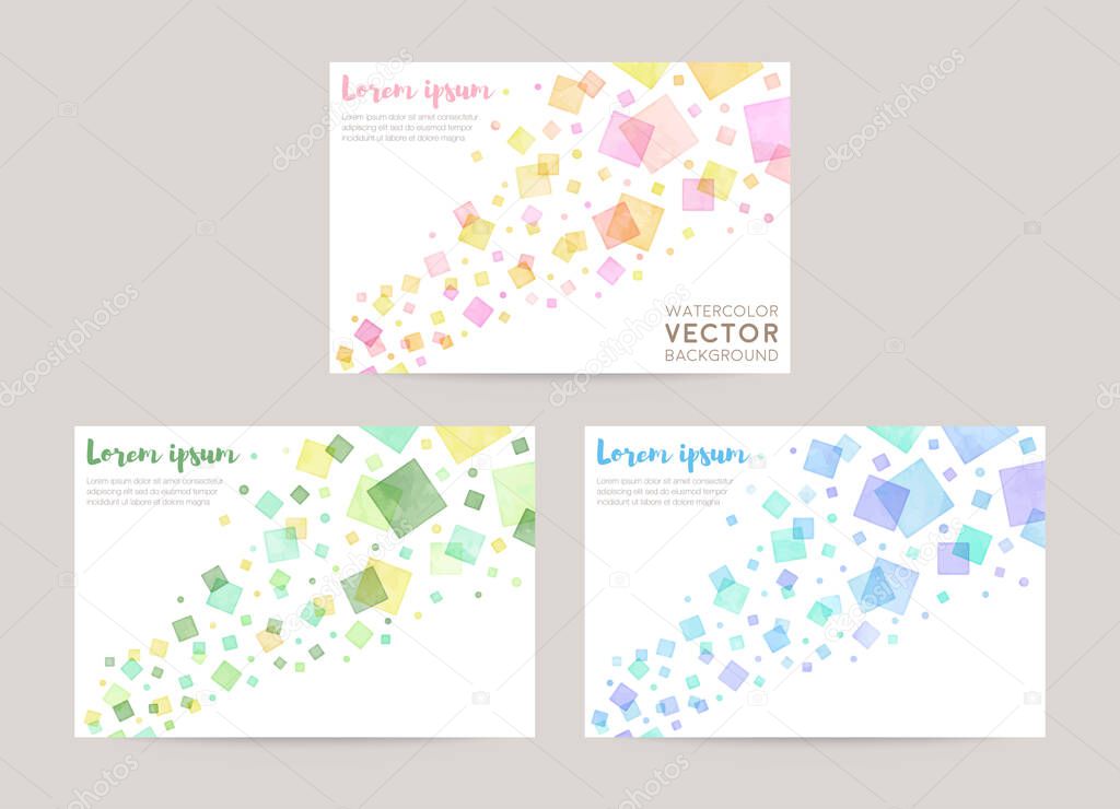 vector card design template with colorful squares, watercolor decoration on white background